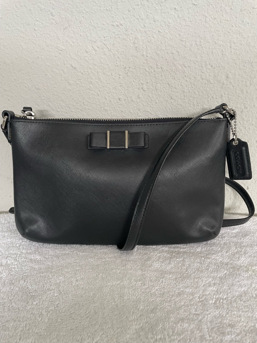 Coach Black Saffiano Leather Darcy Bow  Crossbody Bag Silver